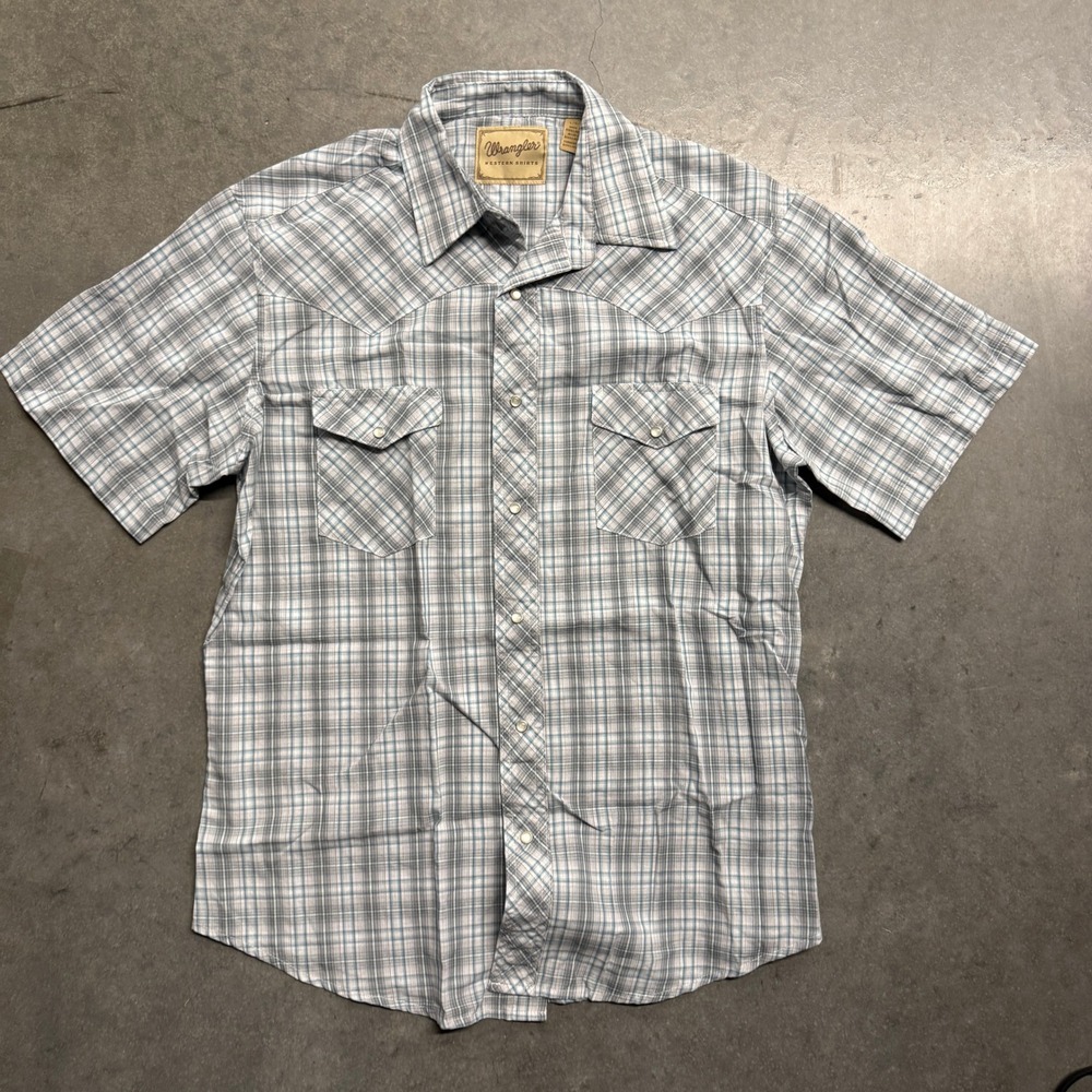 Wrangler Western Shirts Mens Large Blue White Plaid Short Sleeve Pearl Snap